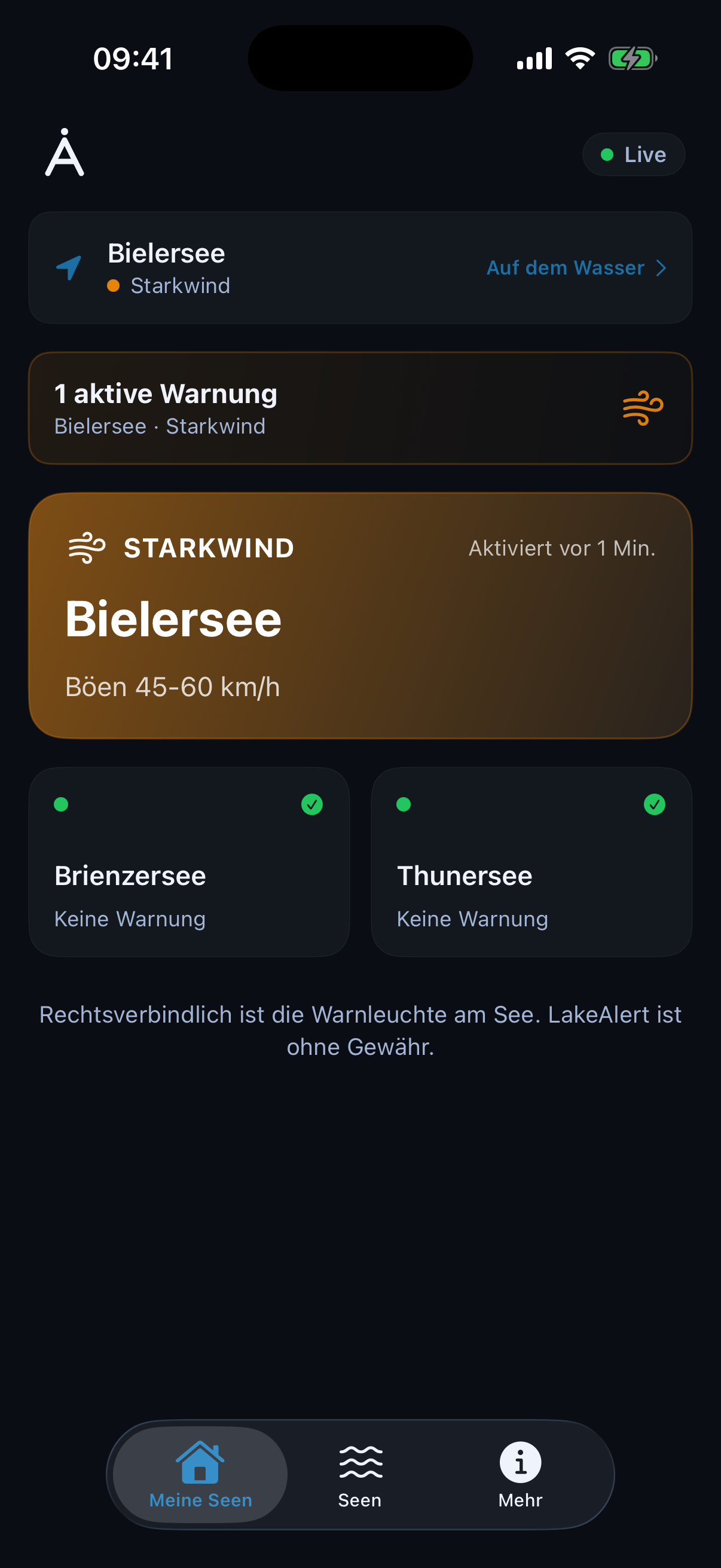 LakeAlert App · Dashboard mit aktiver Starkwind-Warnung am Bielersee
