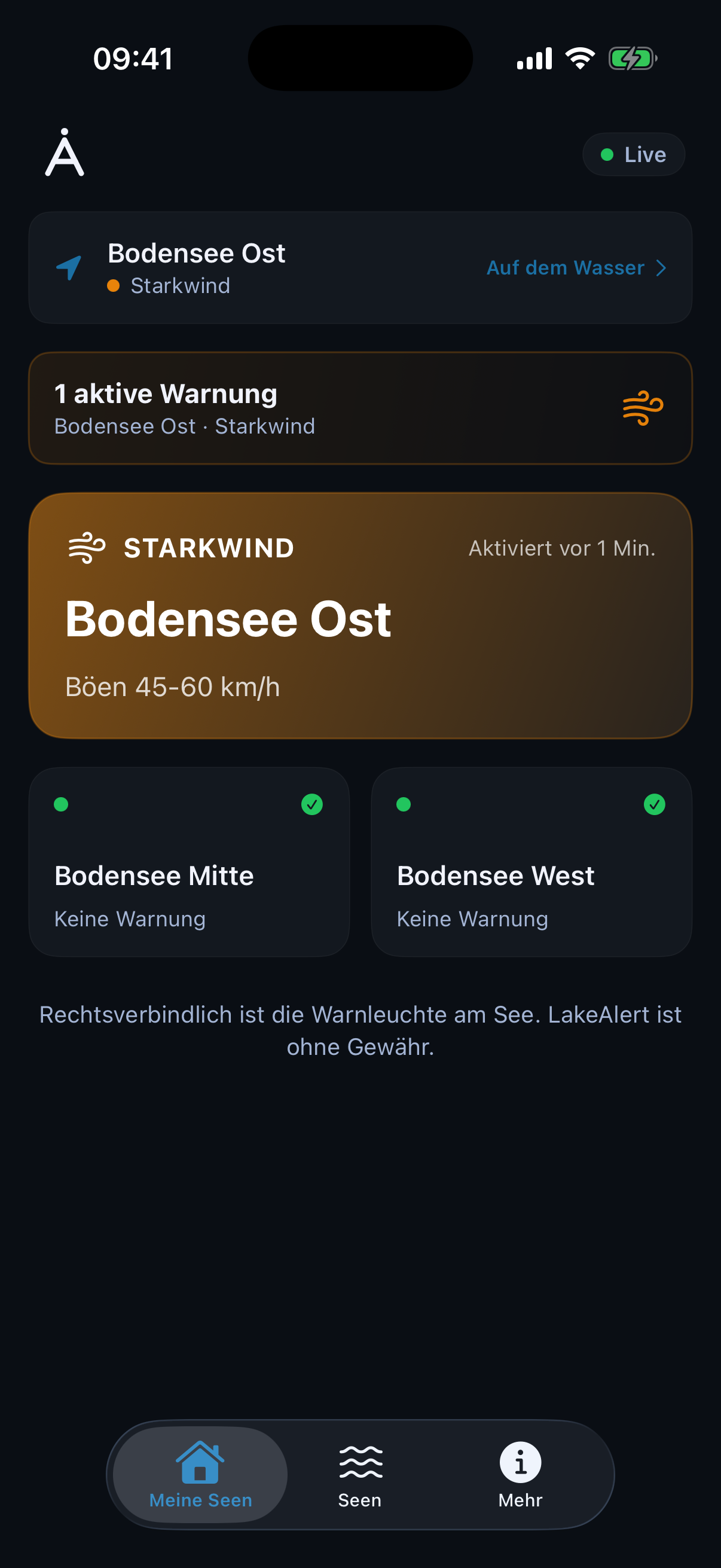 LakeAlert App · Dashboard mit aktiver Starkwind-Warnung am Bodensee