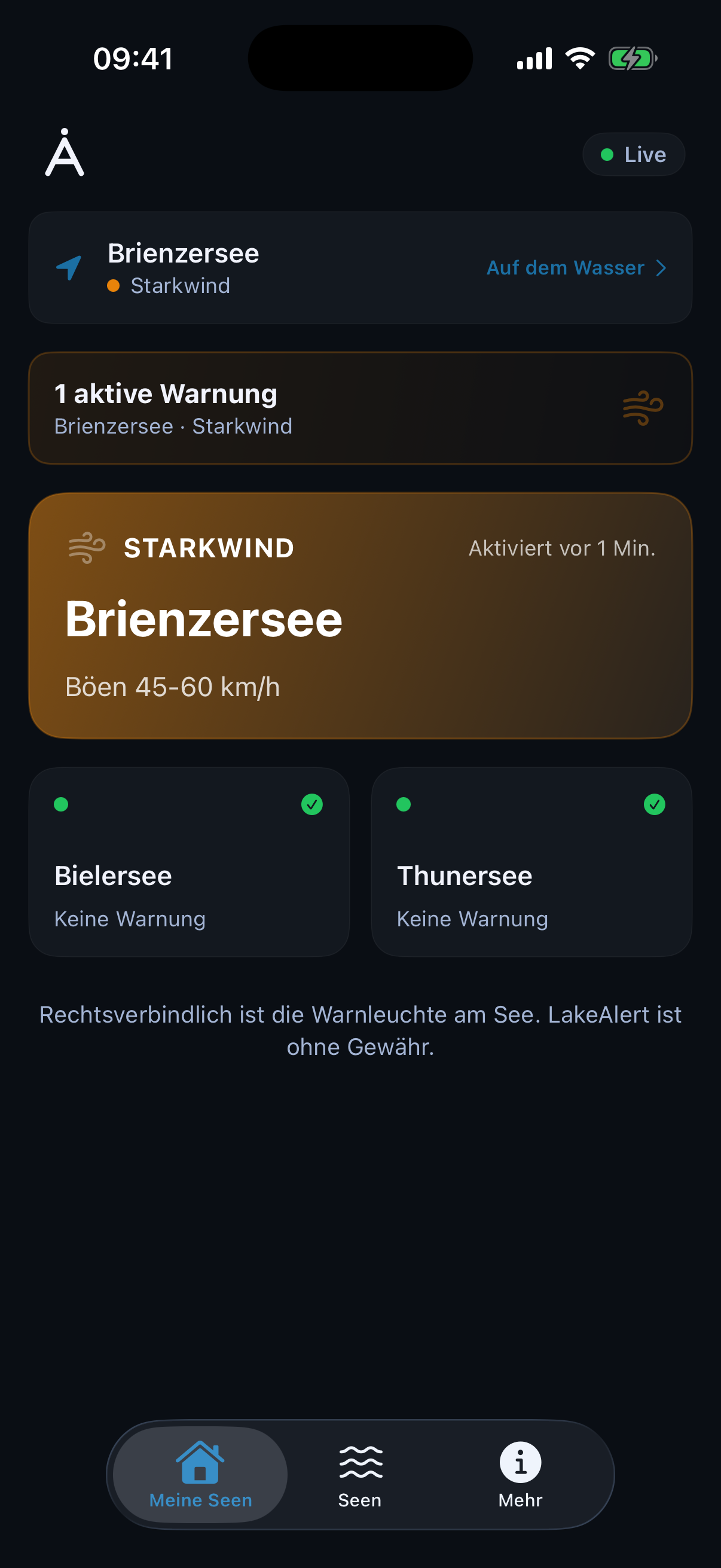 LakeAlert App · Dashboard mit aktiver Starkwind-Warnung am Brienzersee