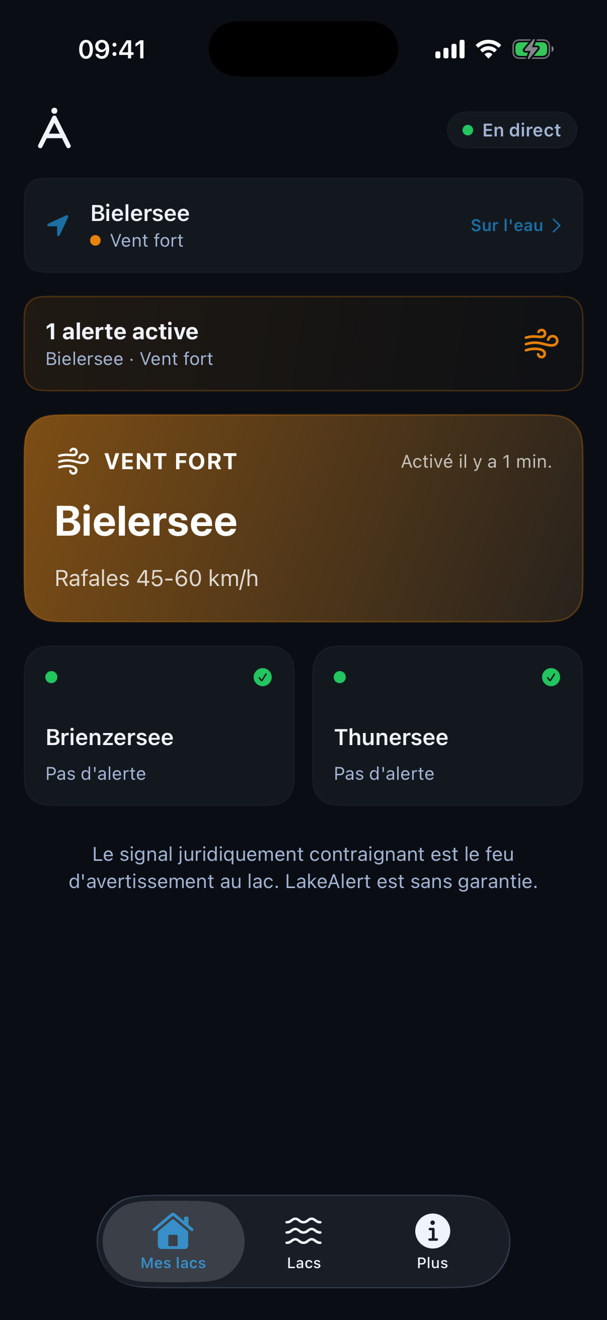App LakeAlert · Tableau de bord avec alerte de vent fort active