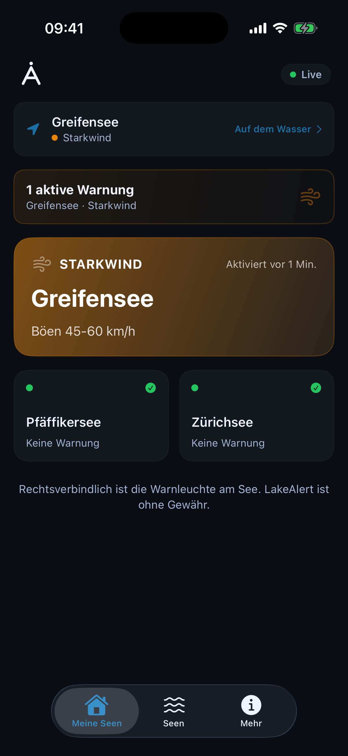 LakeAlert App · Dashboard mit aktiver Starkwind-Warnung am Greifensee