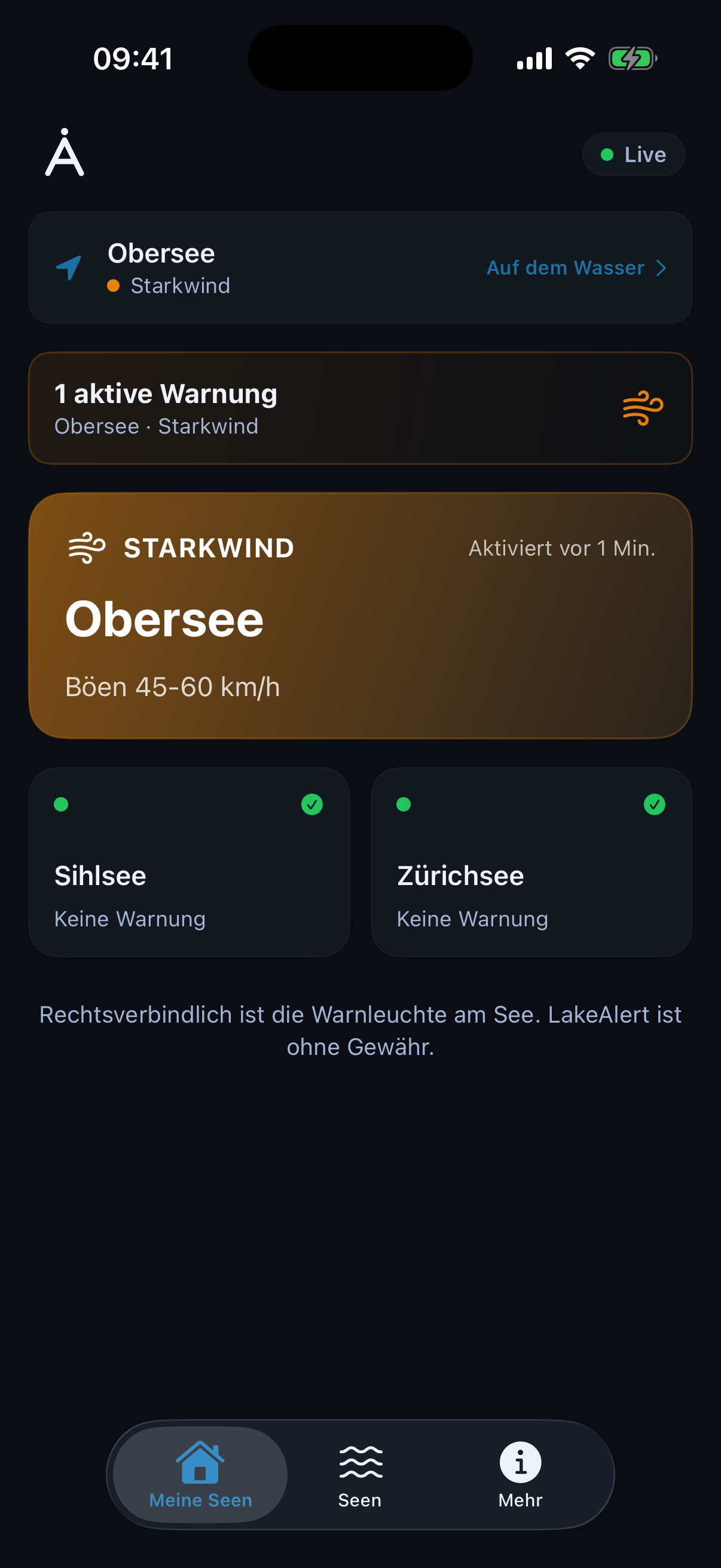 LakeAlert App · Dashboard mit aktiver Starkwind-Warnung am Obersee