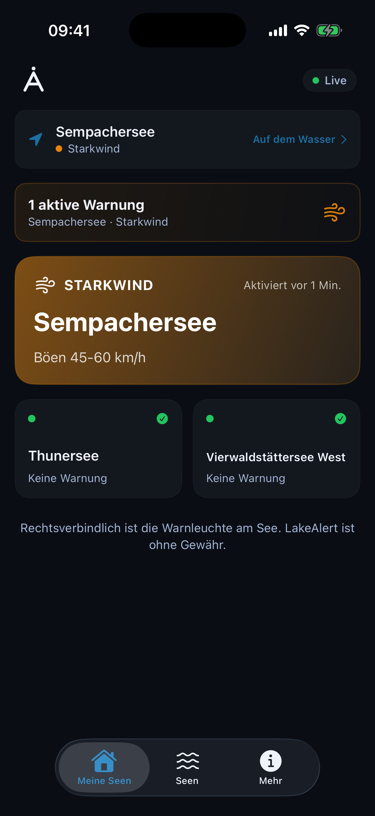 LakeAlert App · Dashboard mit aktiver Starkwind-Warnung am Sempachersee