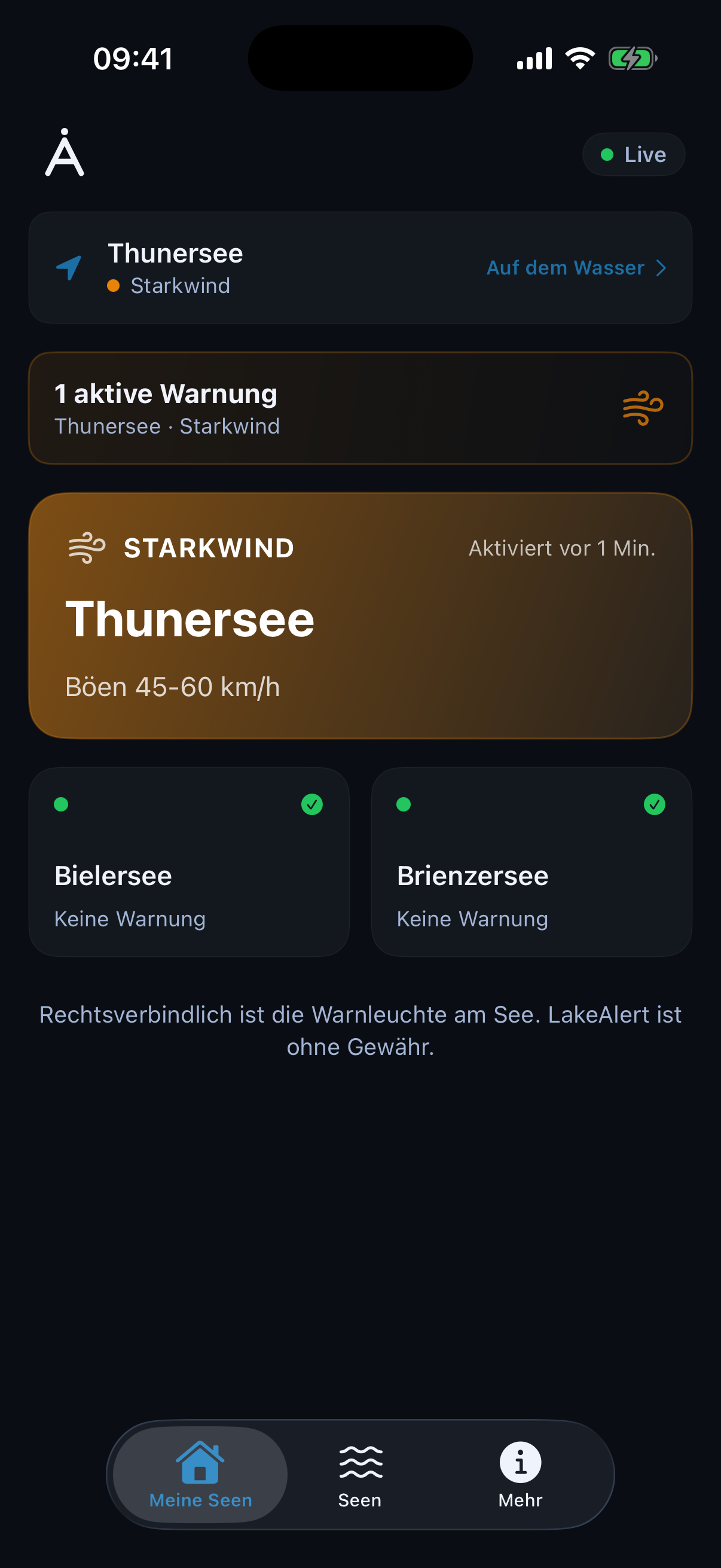 LakeAlert App · Dashboard mit aktiver Starkwind-Warnung am Thunersee