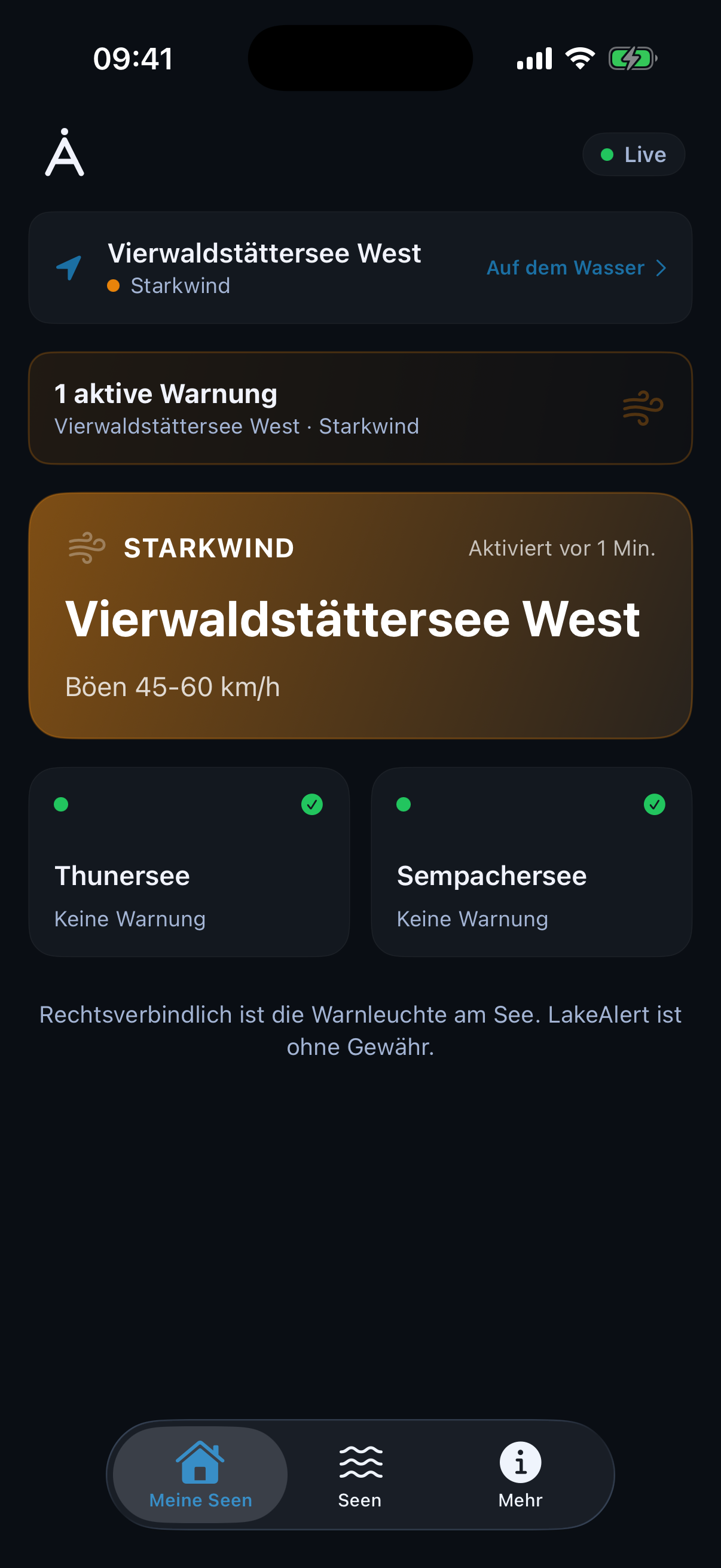 LakeAlert App · Dashboard mit aktiver Starkwind-Warnung am Vierwaldstättersee